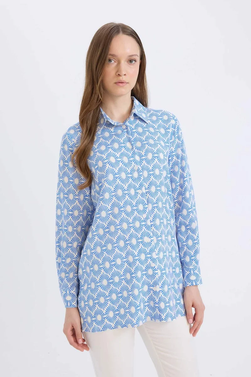 ديفاكتو Relax Fit Viscose Shirt Collar Printed Long Sleeve Tunic