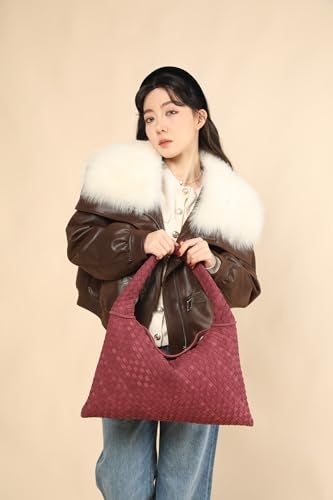 YLYYHH Leather Woven Shoulder Handbag, Suede Leather Tote Bag for Women, Handwoven Hobo Handbag, Vintage Large Tote Purse Underarm Purse Winter Bag, Wine Red - Image 5