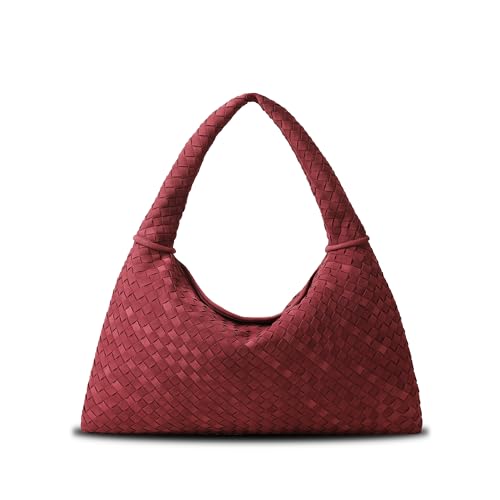 YLYYHH Leather Woven Shoulder Handbag, Suede Leather Tote Bag for Women, Handwoven Hobo Handbag, Vintage Large Tote Purse Underarm Purse Winter Bag, Wine Red - Image 1
