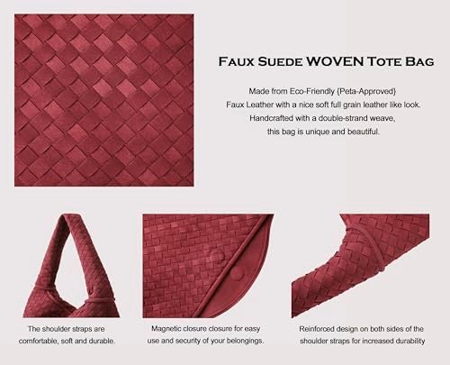 YLYYHH Leather Woven Shoulder Handbag, Suede Leather Tote Bag for Women, Handwoven Hobo Handbag, Vintage Large Tote Purse Underarm Purse Winter Bag, Wine Red - Image 4