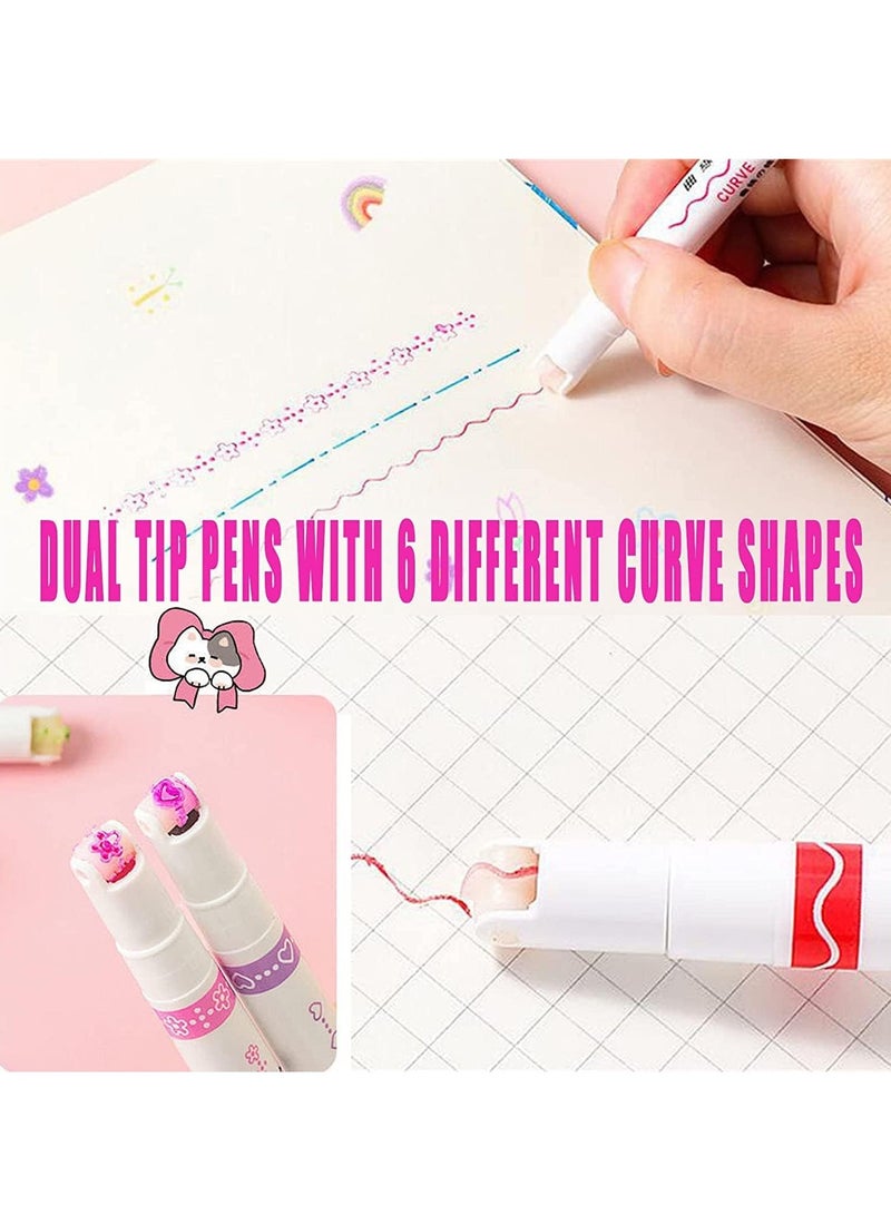 مجموعة اقلام تحديد بطرف مزدوج مع 6 اشكال منحنية مختلفة  اقلام ملونة خطية لتزيين الدفاتر بطريقه سريعه - Image 4