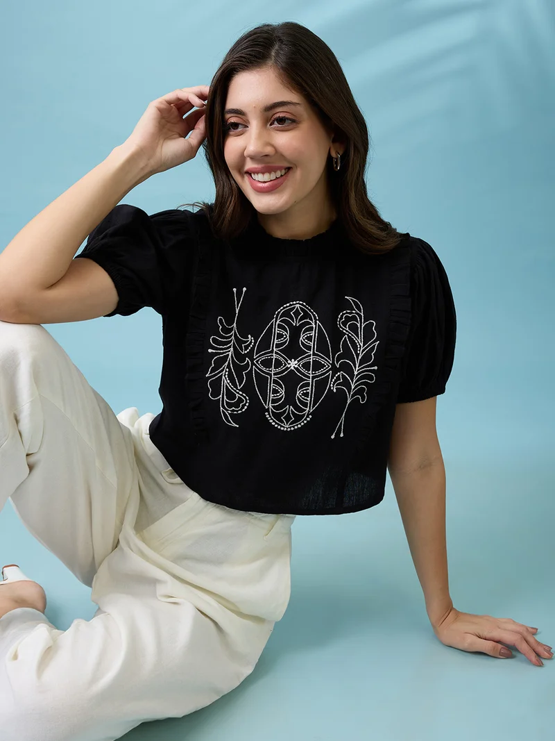 Women Black High Neck Puff Sleeves Frills & Embroidered Detail Crop Top