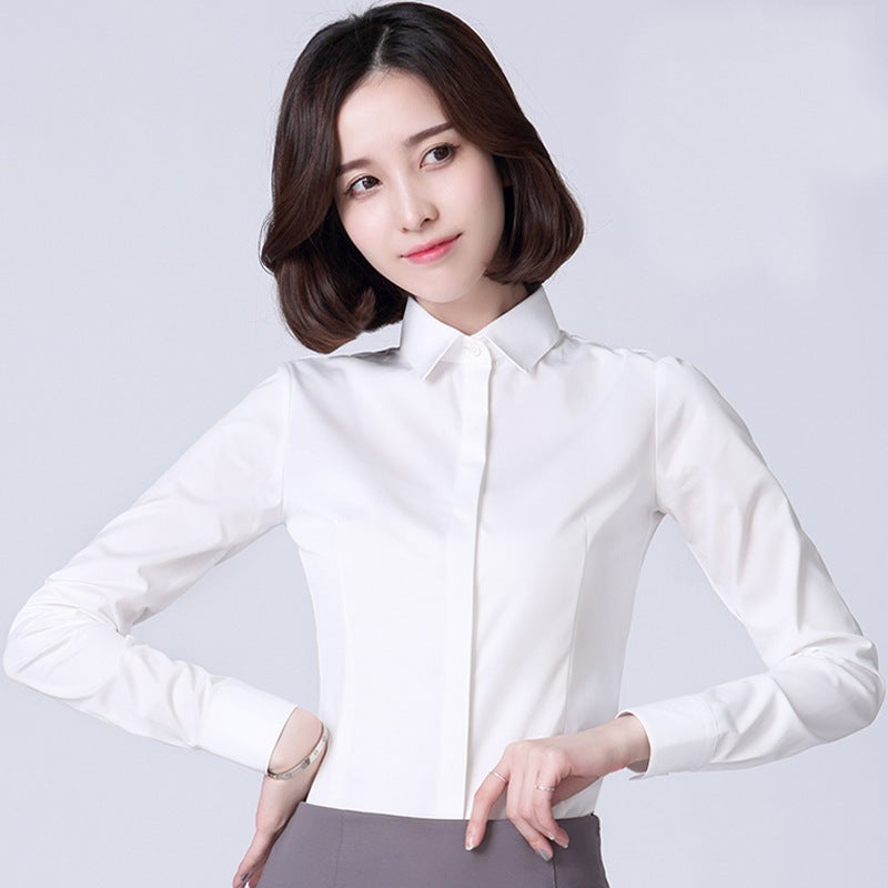 Hidden Button Shirt Womens Long-sleeved Professional Wear Korean-style Slim-fit Large Size Work Clothes Slim-fit Formalwear Non-ironing Pure White Cotton Shirt DN2720 Black - Image 5