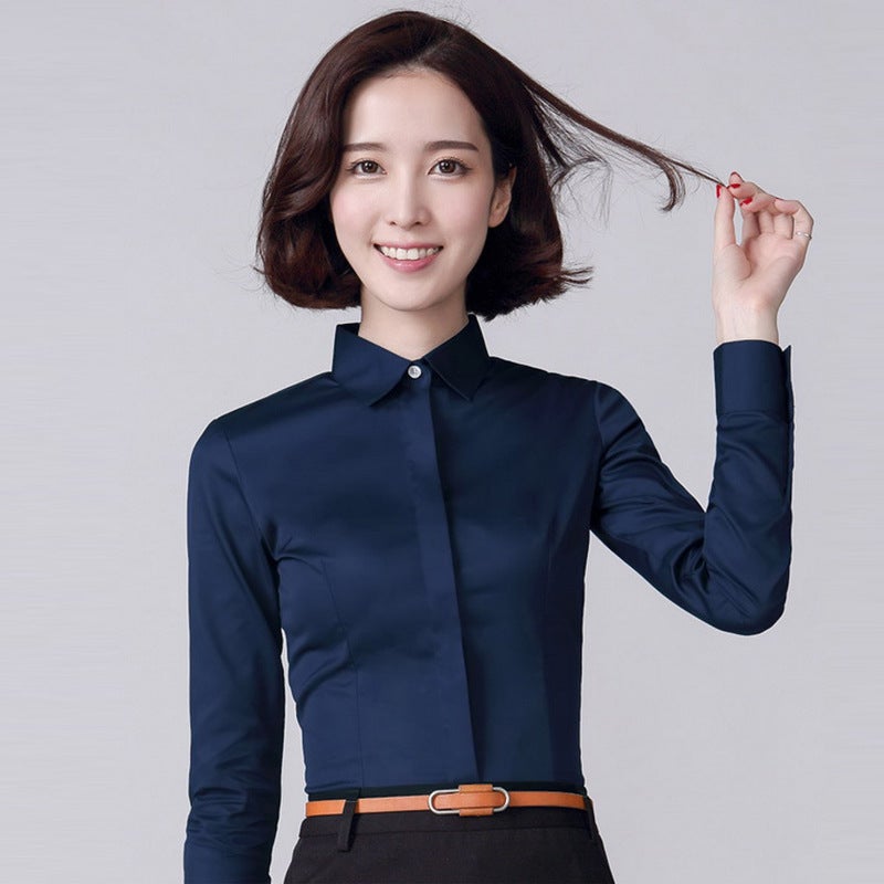 Hidden Button Shirt Womens Long-sleeved Professional Wear Korean-style Slim-fit Large Size Work Clothes Slim-fit Formalwear Non-ironing Pure White Cotton Shirt DN2720 Black - Image 4