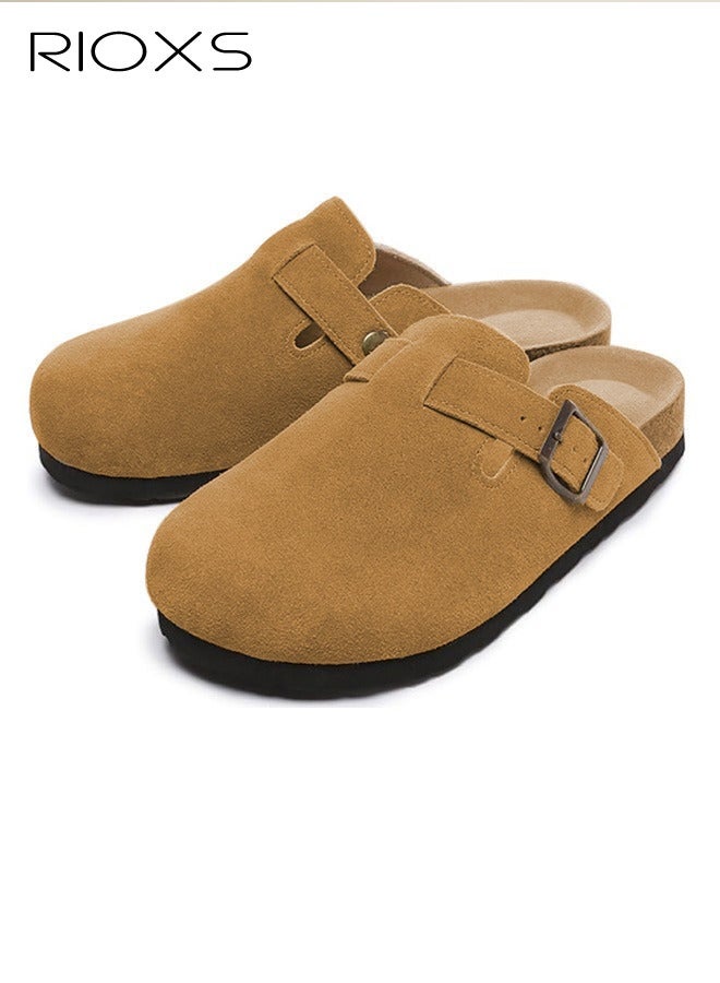 RIOXS Unisex Suede Clogs, Women's Flat Mules Men's Clogs Mules, Premium Suede Leather Clogs Sandals, Anti-Slip Flat Mules for Men Women, Classic Slip-On Closed Toe Slippers, Clog Potato Shoes with Arch Support, Soft Cork Footbed Adjustable Buckle Slip Sandals, Casual Clogs for Indoors Outdoor Activities, Wide Feet Friendly Clogs for Work and Weekend Outings, ​Brown Suede Mules - Image 5