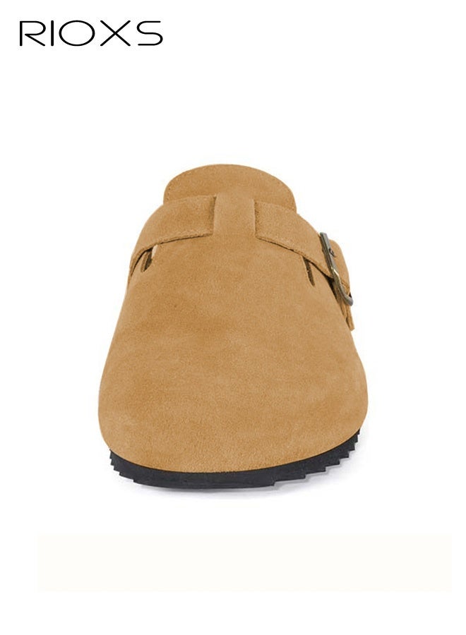 RIOXS Unisex Suede Clogs, Women's Flat Mules Men's Clogs Mules, Premium Suede Leather Clogs Sandals, Anti-Slip Flat Mules for Men Women, Classic Slip-On Closed Toe Slippers, Clog Potato Shoes with Arch Support, Soft Cork Footbed Adjustable Buckle Slip Sandals, Casual Clogs for Indoors Outdoor Activities, Wide Feet Friendly Clogs for Work and Weekend Outings, ​Brown Suede Mules - Image 2