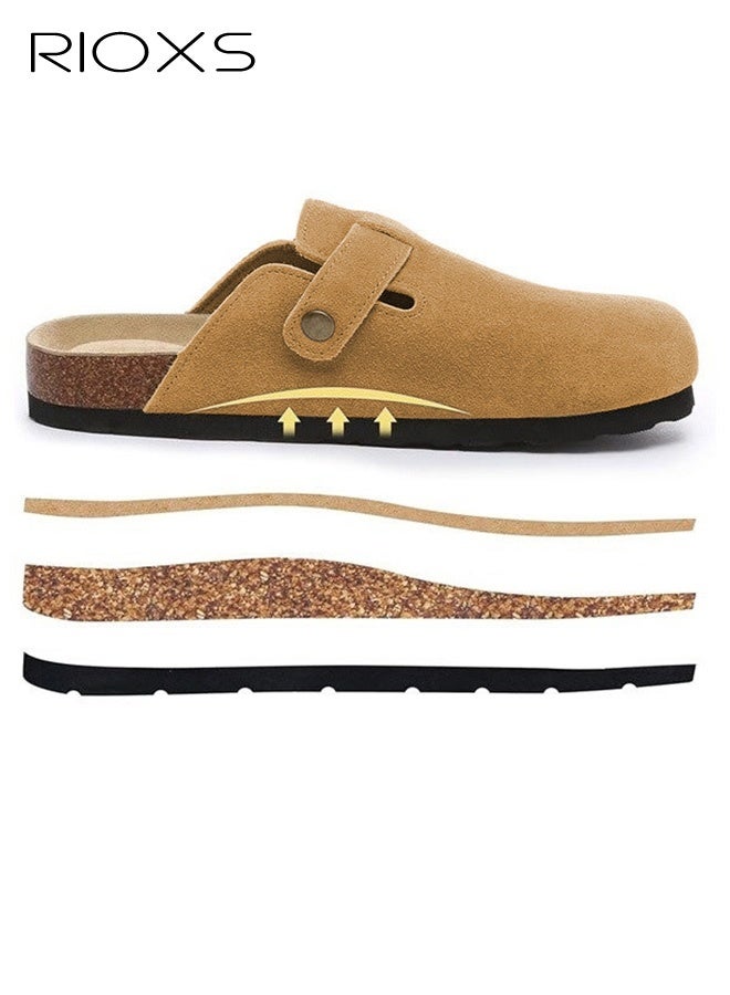 RIOXS Unisex Suede Clogs, Women's Flat Mules Men's Clogs Mules, Premium Suede Leather Clogs Sandals, Anti-Slip Flat Mules for Men Women, Classic Slip-On Closed Toe Slippers, Clog Potato Shoes with Arch Support, Soft Cork Footbed Adjustable Buckle Slip Sandals, Casual Clogs for Indoors Outdoor Activities, Wide Feet Friendly Clogs for Work and Weekend Outings, ​Brown Suede Mules - Image 4