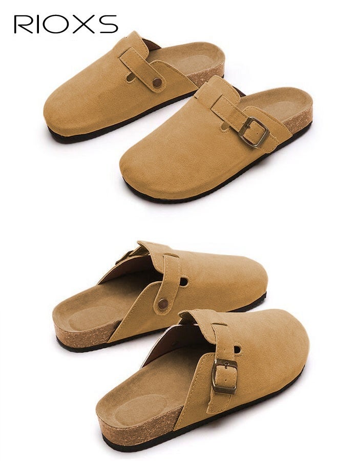 RIOXS Unisex Suede Clogs, Women's Flat Mules Men's Clogs Mules, Premium Suede Leather Clogs Sandals, Anti-Slip Flat Mules for Men Women, Classic Slip-On Closed Toe Slippers, Clog Potato Shoes with Arch Support, Soft Cork Footbed Adjustable Buckle Slip Sandals, Casual Clogs for Indoors Outdoor Activities, Wide Feet Friendly Clogs for Work and Weekend Outings, ​Brown Suede Mules - Image 3