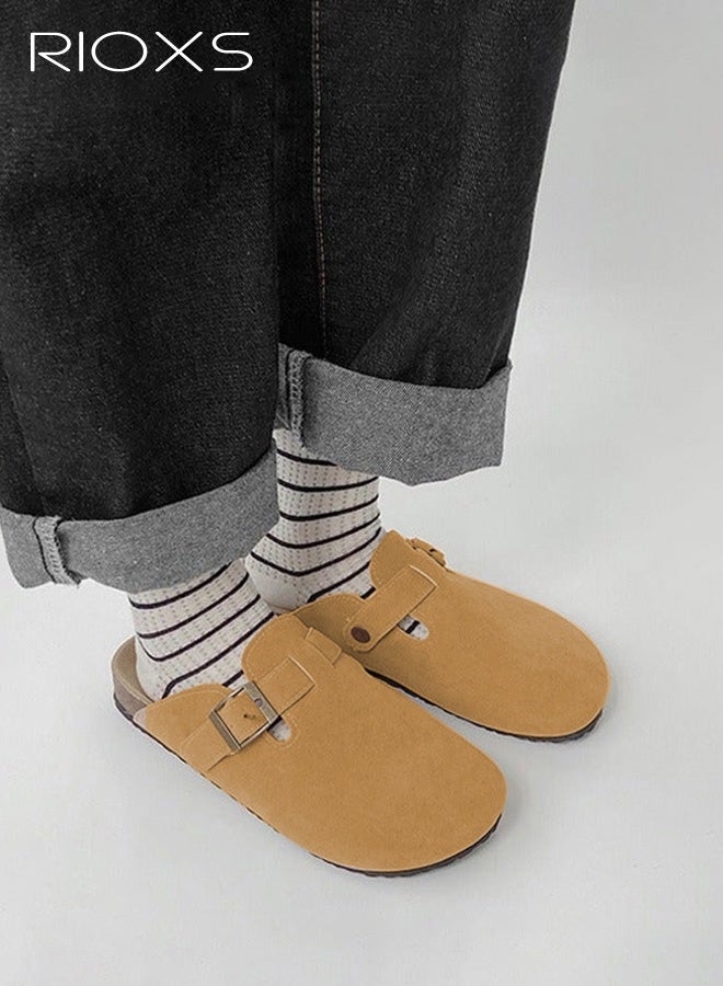 RIOXS Unisex Suede Clogs, Women's Flat Mules Men's Clogs Mules, Premium Suede Leather Clogs Sandals, Anti-Slip Flat Mules for Men Women, Classic Slip-On Closed Toe Slippers, Clog Potato Shoes with Arch Support, Soft Cork Footbed Adjustable Buckle Slip Sandals, Casual Clogs for Indoors Outdoor Activities, Wide Feet Friendly Clogs for Work and Weekend Outings, ​Brown Suede Mules - Image 1