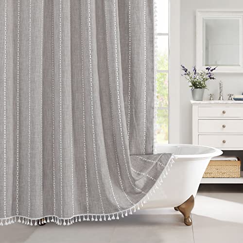 MitoVilla Grey Farmhouse Fabric Shower Curtain Set, Boho Modern Polyester Linen Shower Curtains for Vintage Rustic Bathroom Decor, Country Tassel Thick Cloth Shower Curtain, 72 x 72 - Image 1