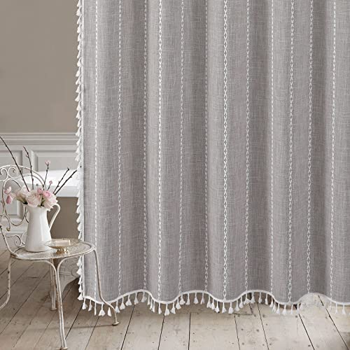 MitoVilla Grey Farmhouse Fabric Shower Curtain Set, Boho Modern Polyester Linen Shower Curtains for Vintage Rustic Bathroom Decor, Country Tassel Thick Cloth Shower Curtain, 72 x 72 - Image 5