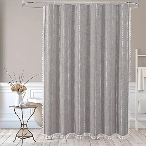 MitoVilla Grey Farmhouse Fabric Shower Curtain Set, Boho Modern Polyester Linen Shower Curtains for Vintage Rustic Bathroom Decor, Country Tassel Thick Cloth Shower Curtain, 72 x 72 - Image 2