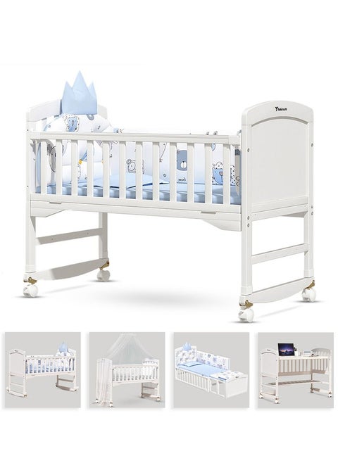 7 In 1 Convertible Kids Bed & Bedside Crib With Mattress, Mosquito Net & Detachable Witheels(0-12yrs)-Withite