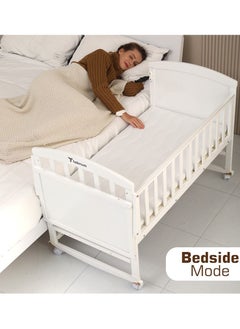 TEKNUM 7 In 1 Convertible Kids Bed & Bedside Crib With Mattress, Mosquito Net & Detachable Witheels(0-12yrs)-Withite  - Image 5