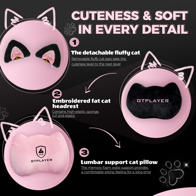 GTPLAYER Pink Gaming Chair Cute with Cat Ears Ergonomic Computer Chair with Cat Embroidery Adjustable Memory Foam Lumbar Support and Headrest Comfortable Reclining Office Chair Soft Velvet Fabric - Image 3