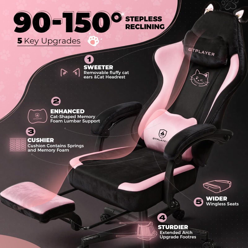 GTPLAYER Pink Gaming Chair Cute with Cat Ears Ergonomic Computer Chair with Cat Embroidery Adjustable Memory Foam Lumbar Support and Headrest Comfortable Reclining Office Chair Soft Velvet Fabric - Image 4