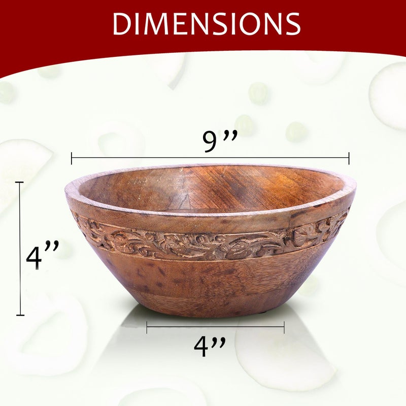 Mela Artisans Wooden Fruit Bowl | Medium Burnt Finish | 9” Mango Wood Serving Bowl with Felt Pads | Multipurpose for Kitchen Countertop |Salad | Snacks | Breads & More | Natural Grain Texture - Image 3