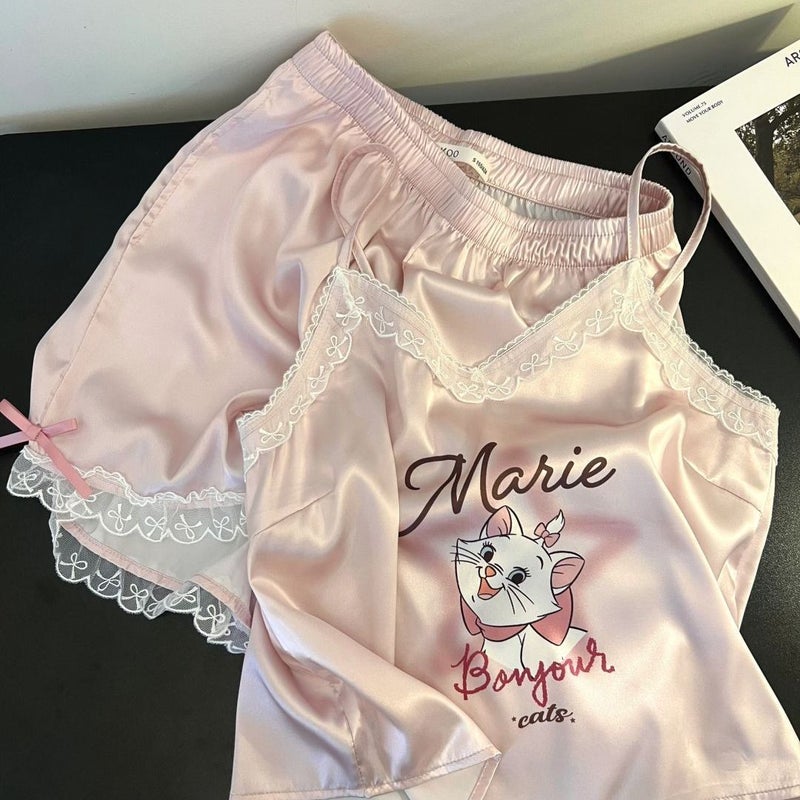 Women's Lace Trim Camisole Sleepwear Set with Pads, Ice Silk, Two-Piece - Image 2