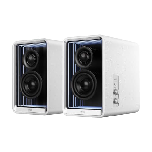Edifier QR65 Desktop Active Monitor with 275 LongThrow Aluminum Diaphragm midLow Drivers HiRes Audio Brilliant Light Effects 70W Output Power Bluetooth Speakers with Stands White - Image 1