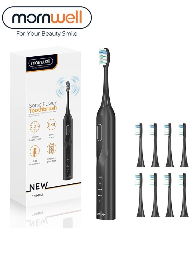 Mornwell - Black Electric Toothbrush for Adults, Battery Toothbrush with Smart Timer, Sonic Toothbrush with 4 Smart Massage, Rechargeable Toothbrushes for adults, Power Toothbrushes with 8 Dupont Brush Heads - Image 1