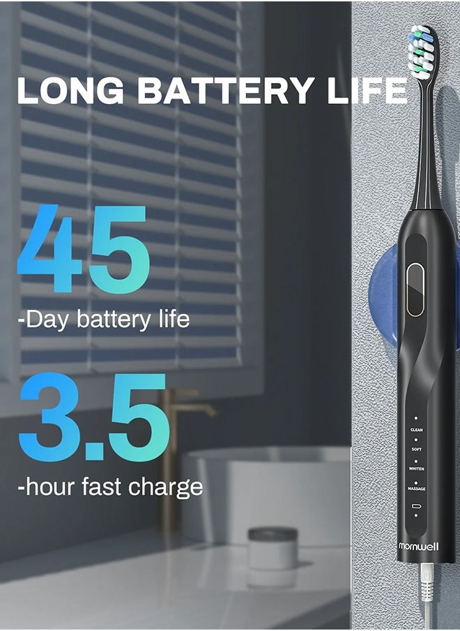 Mornwell - Black Electric Toothbrush for Adults, Battery Toothbrush with Smart Timer, Sonic Toothbrush with 4 Smart Massage, Rechargeable Toothbrushes for adults, Power Toothbrushes with 8 Dupont Brush Heads - Image 1