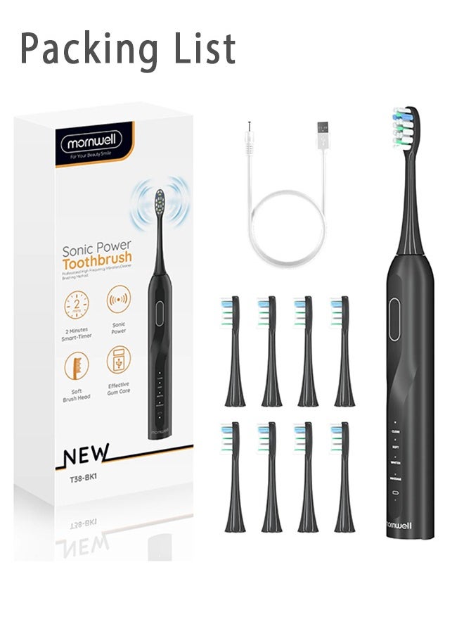 Mornwell - Black Electric Toothbrush for Adults, Battery Toothbrush with Smart Timer, Sonic Toothbrush with 4 Smart Massage, Rechargeable Toothbrushes for adults, Power Toothbrushes with 8 Dupont Brush Heads - Image 1