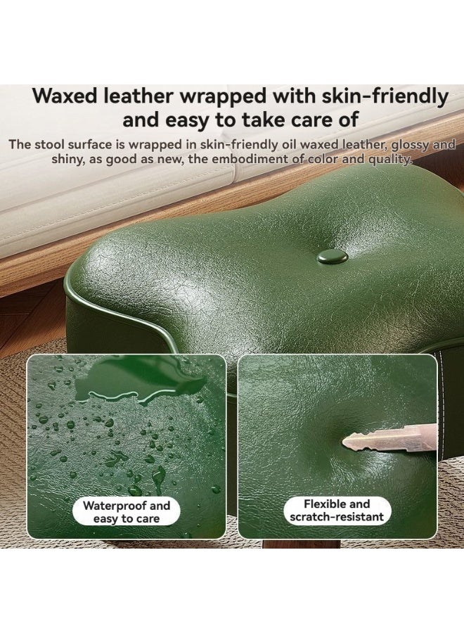 WALALLA 1 pcs Oil wax Leather Ottoman Footrest for Couch Flower Shape Foot Stool Ottoman Small Step Stool for Bedroom Stackable Ottomans with Wood Legs for Living Room Entryway(Green) 30cm×30cm×25cm - Image 2