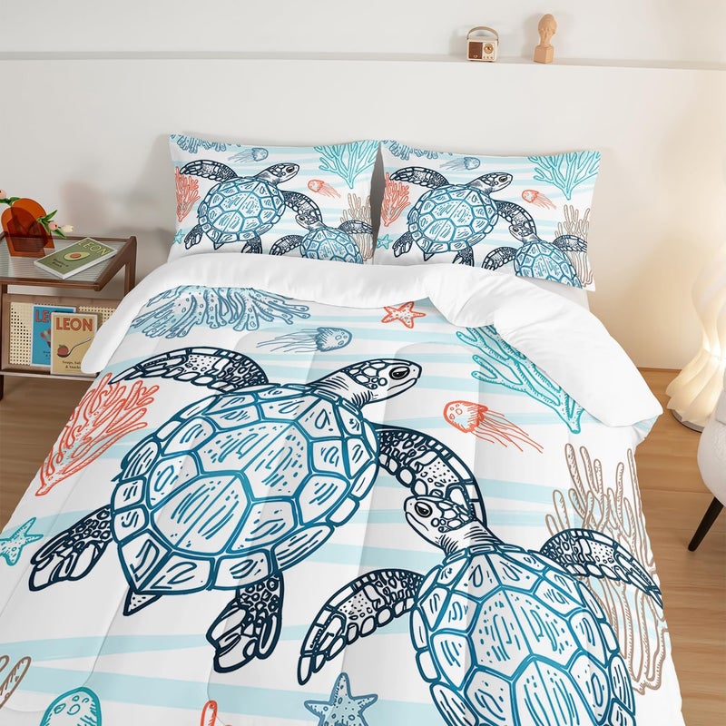 HOSIMA Sea Turtle Comforter Set,Coastal Beach Themed Bedroom Comforter Set Queen Size for Kids Teen Girls Boys Room Decor,Turtle Twin Bed in a Bag for Girls with 2 Pillowcases. - Image 4