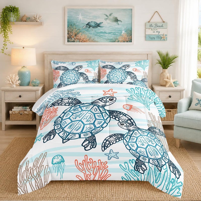 HOSIMA Sea Turtle Comforter Set,Coastal Beach Themed Bedroom Comforter Set Queen Size for Kids Teen Girls Boys Room Decor,Turtle Twin Bed in a Bag for Girls with 2 Pillowcases. - Image 1