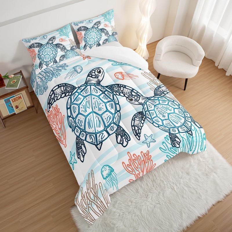 HOSIMA Sea Turtle Comforter Set,Coastal Beach Themed Bedroom Comforter Set Queen Size for Kids Teen Girls Boys Room Decor,Turtle Twin Bed in a Bag for Girls with 2 Pillowcases. - Image 3