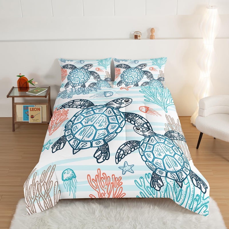 HOSIMA Sea Turtle Comforter Set,Coastal Beach Themed Bedroom Comforter Set Queen Size for Kids Teen Girls Boys Room Decor,Turtle Twin Bed in a Bag for Girls with 2 Pillowcases. - Image 2