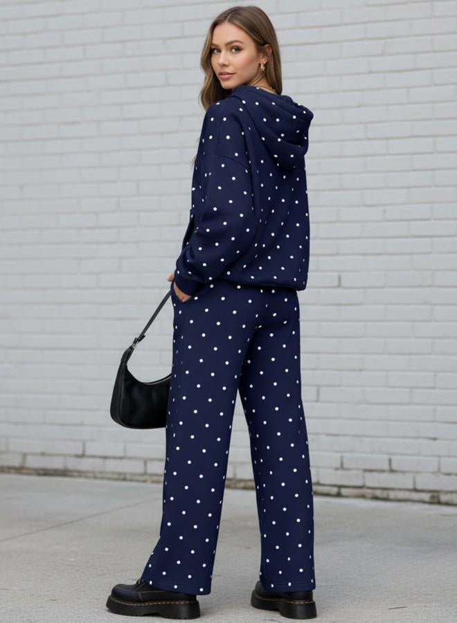 HOCANDY Polka Dot Hoodie and Sweatpants Set for Women, Navy, XL - Image 3
