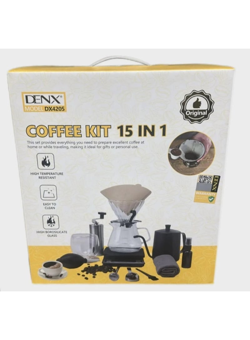 دينكس طقم V60 تحضير القهوة الاحترافي من DENX، 15 في 1 – مطحنة يدوية، سيرفر زجاجي، غلاية ستانلس، ميزان، ترمومتر، فلاتر، كوب، وملحقات كاملة لعشّاق القهوة - Image 2