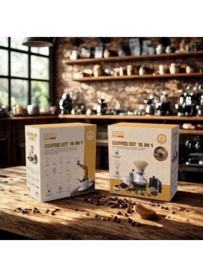 دينكس طقم V60 تحضير القهوة الاحترافي من DENX، 15 في 1 – مطحنة يدوية، سيرفر زجاجي، غلاية ستانلس، ميزان، ترمومتر، فلاتر، كوب، وملحقات كاملة لعشّاق القهوة - Image 3