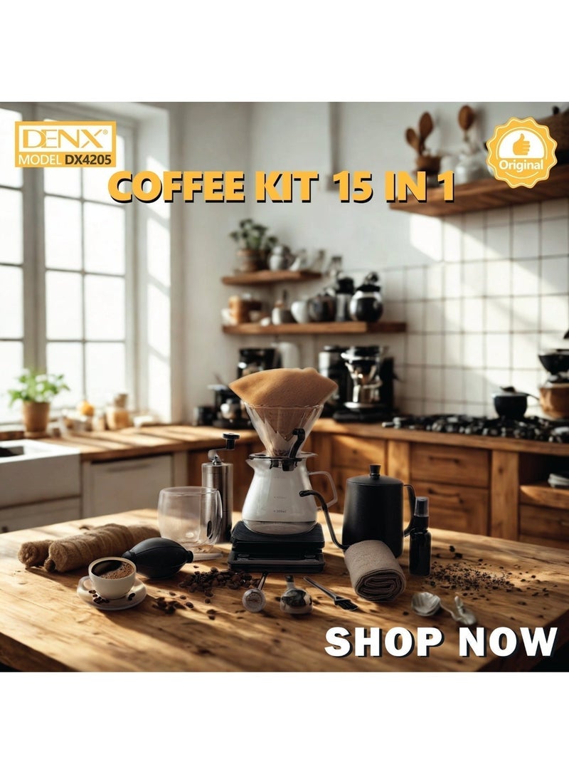 دينكس طقم V60 تحضير القهوة الاحترافي من DENX، 15 في 1 – مطحنة يدوية، سيرفر زجاجي، غلاية ستانلس، ميزان، ترمومتر، فلاتر، كوب، وملحقات كاملة لعشّاق القهوة - Image 3
