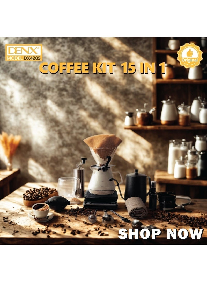 دينكس طقم V60 تحضير القهوة الاحترافي من DENX، 15 في 1 – مطحنة يدوية، سيرفر زجاجي، غلاية ستانلس، ميزان، ترمومتر، فلاتر، كوب، وملحقات كاملة لعشّاق القهوة - Image 4