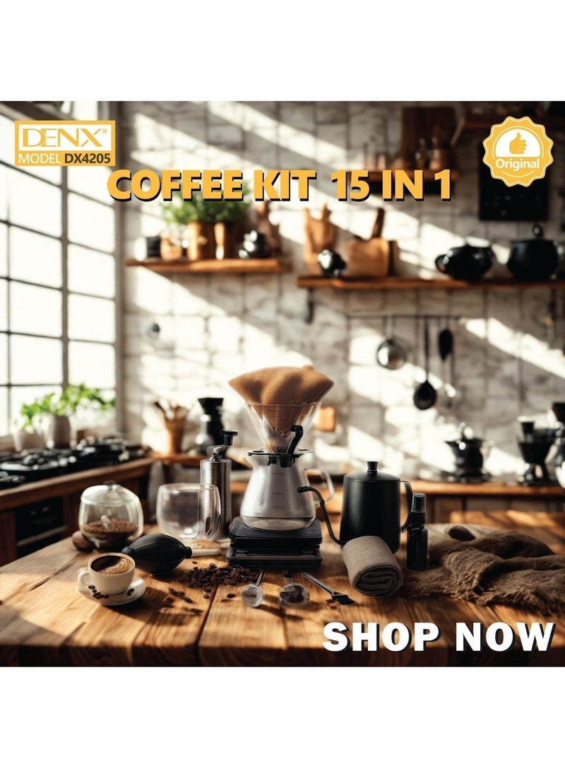 دينكس طقم V60 تحضير القهوة الاحترافي من DENX، 15 في 1 – مطحنة يدوية، سيرفر زجاجي، غلاية ستانلس، ميزان، ترمومتر، فلاتر، كوب، وملحقات كاملة لعشّاق القهوة - Image 2