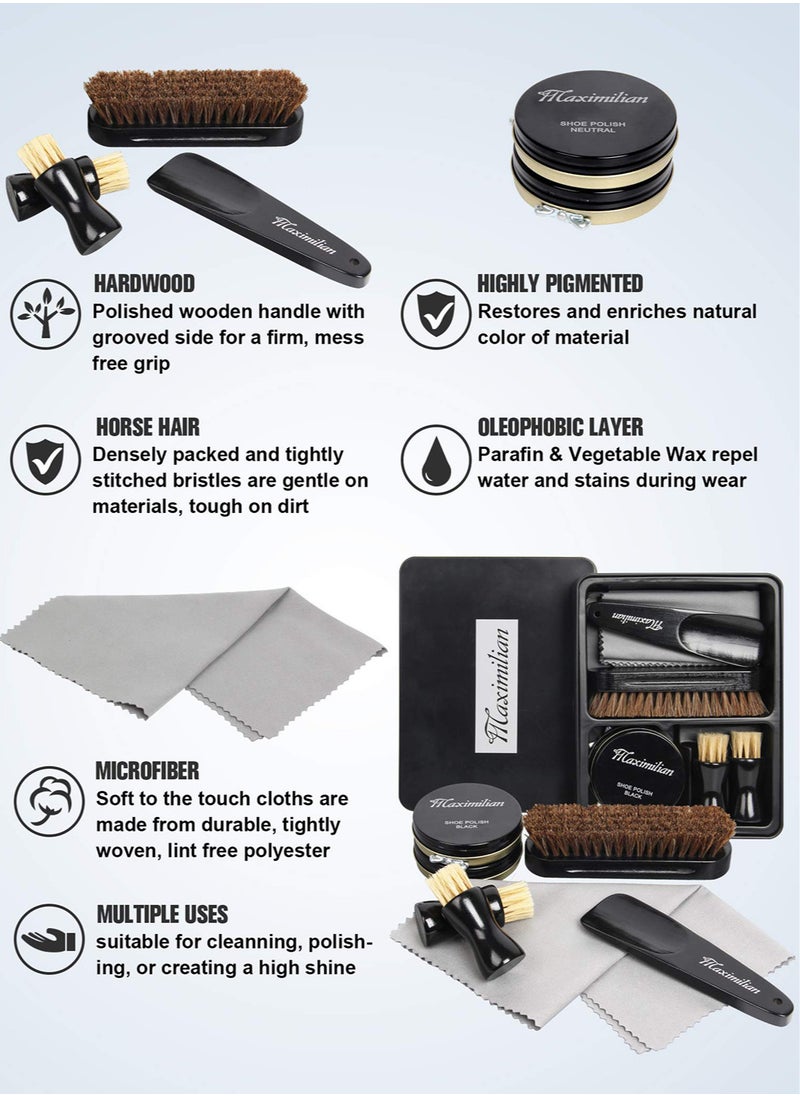 Maximilian - Shoe Polish Care Kit Leather Conditioner and Cleaner for Cleaning and Shining Leather Shoes Boots, Including Black and Neutral Polish Wax Cleaning Cloth Buffing Brush and Shoe Horn - Image 1