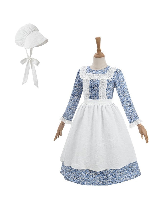 Nuoqi Colonial Costume Girls Pioneer Prairie Dress Laura Ingalls Wilder Costume with Apron Bonnet 12-14, Blue - Image 3