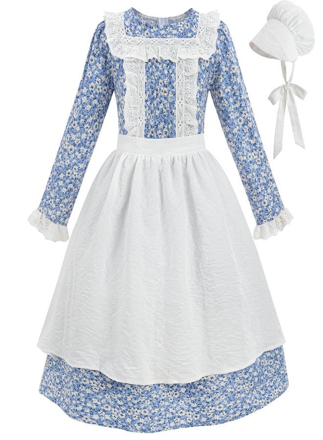 Nuoqi Colonial Costume Girls Pioneer Prairie Dress Laura Ingalls Wilder Costume with Apron Bonnet 12-14, Blue - Image 1
