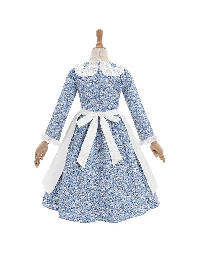 Nuoqi Colonial Costume Girls Pioneer Prairie Dress Laura Ingalls Wilder Costume with Apron Bonnet 12-14, Blue - Image 2