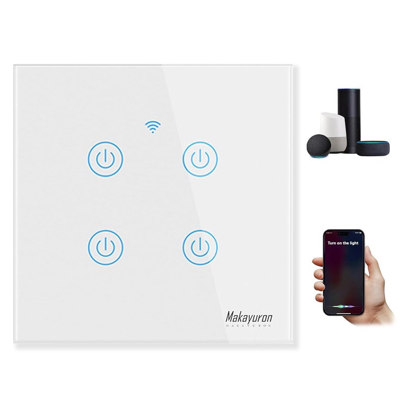 ماكايورون مفتاح إضاءة حائط ذكي WiFi، مفاتيح لاسلكية، لا يتطلب سلك محايد، متوافق مع Alexa وGoogle Home، تحكم عن بعد عبر التطبيق باللمس، لا يتطلب مركز تحكم، تحكم صوتي (4 مجموعات، أبيض) - Image 1