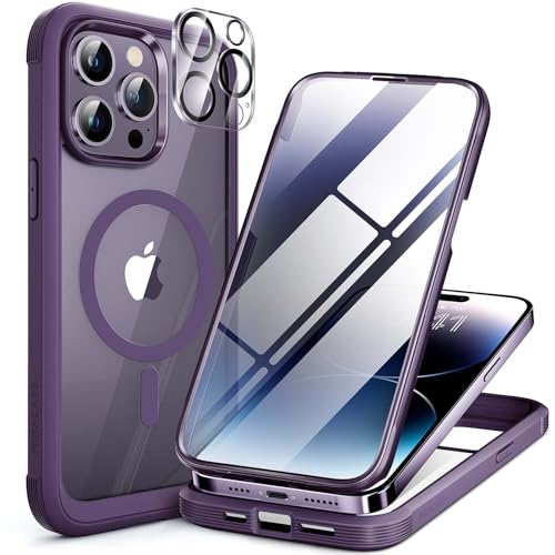 Miracase Magnetic for iPhone 14 Pro Max Case 6.7 inch, (Compatible with MagSafe) Upgrade Full-Body Clear Phone Bumper Case with Built-in 9H Tempered Glass Screen Protector, Magnetic Purple - Image 1