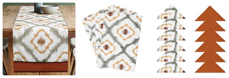 Dekor World 3 Ikat Printed Peach Table Runner with 6 Pcs Place Mat and Napkin (33x180cm/33x47cm/45x45cm) (Pack of 19 Pcs)-6 Seater Dinning & Center Table - Image 1