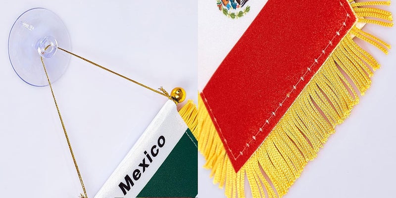 WXTWK 3 X 5 Inch Mexico Flag Mexican Window Hanging Flag Small Mini Car Flags Banners Rearview Mirror Decoration With Suction Cup Golden Fringy Banner - Image 3