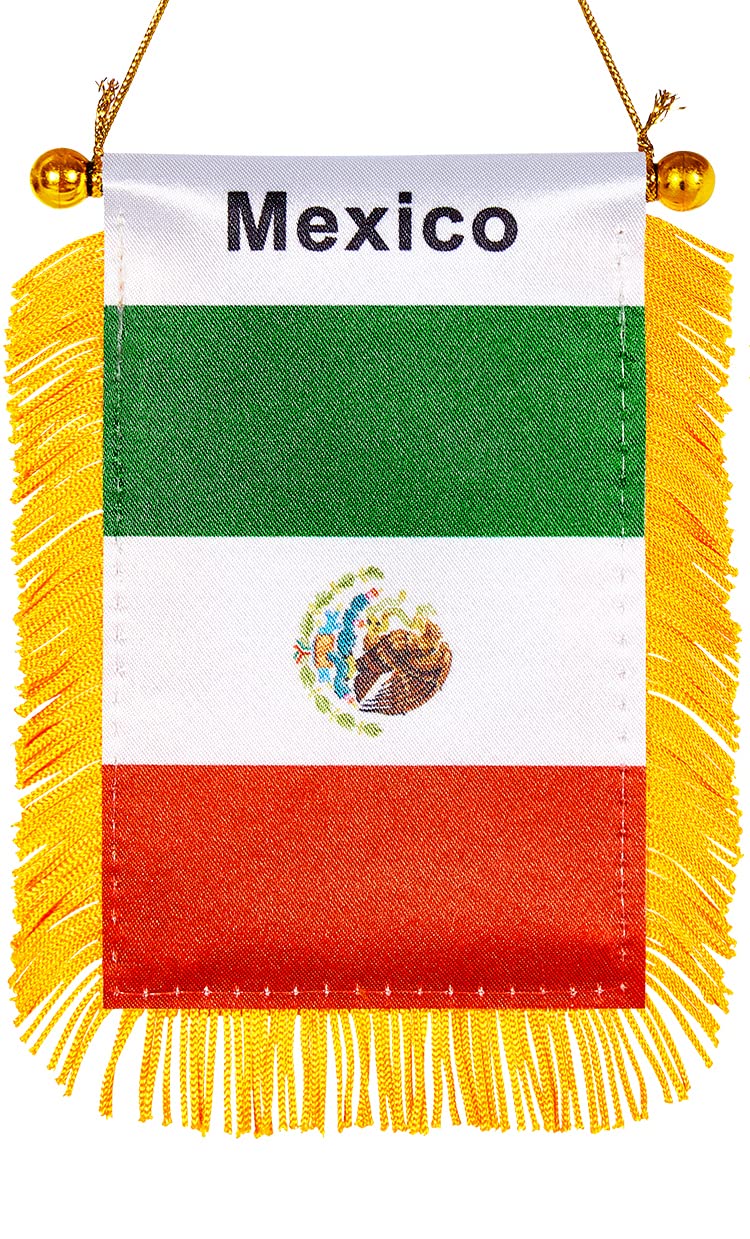 WXTWK 3 X 5 Inch Mexico Flag Mexican Window Hanging Flag Small Mini Car Flags Banners Rearview Mirror Decoration With Suction Cup Golden Fringy Banner - Image 1