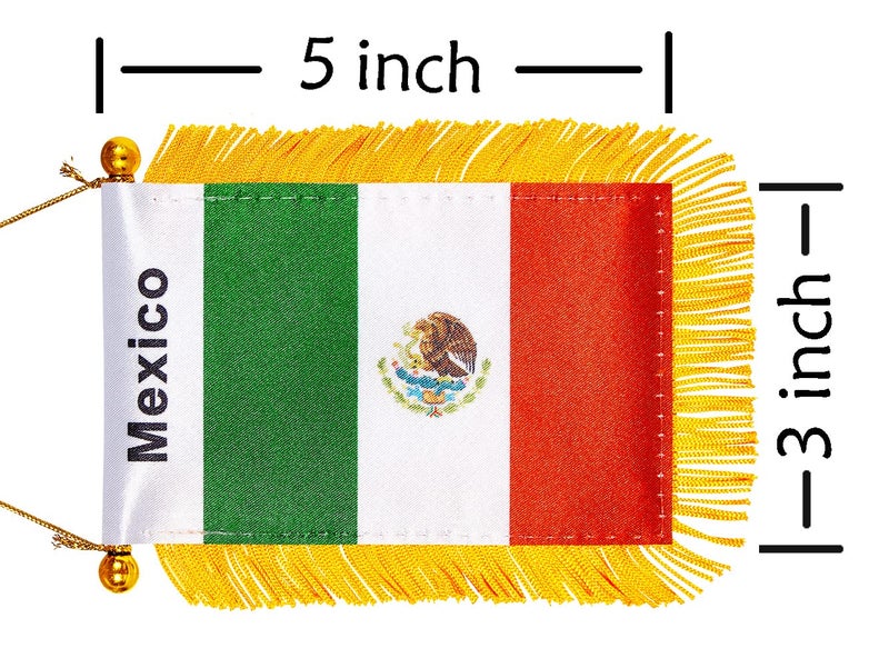 WXTWK 3 X 5 Inch Mexico Flag Mexican Window Hanging Flag Small Mini Car Flags Banners Rearview Mirror Decoration With Suction Cup Golden Fringy Banner - Image 2