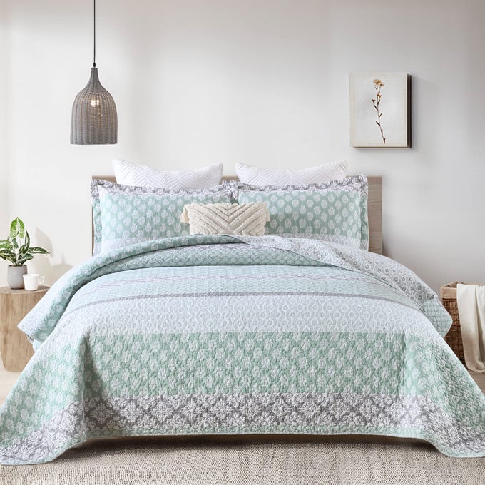 QUILT KING SIZE KING QUILT SET 100 COTTON FLORAL QUILT KING QUILT BEDDING SET BEDSPREADS PATCHWORK REVERSIBLE LIGHTWEIGHT COMFORTER BED SPREAD FOR ALL SEASON GREENGRAY