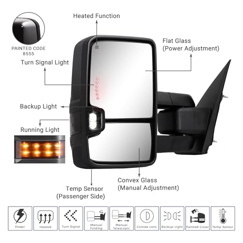 Sanooer Towing Mirror for Silverado Sierra - Compatible with 2014-2018 Chevy Silverado GMC Sierra 1500 2500 HD 3500 HD with Power Adjusted Heated Glass Running Turn Signal Lights Light (Painted Black 8555） - Image 2