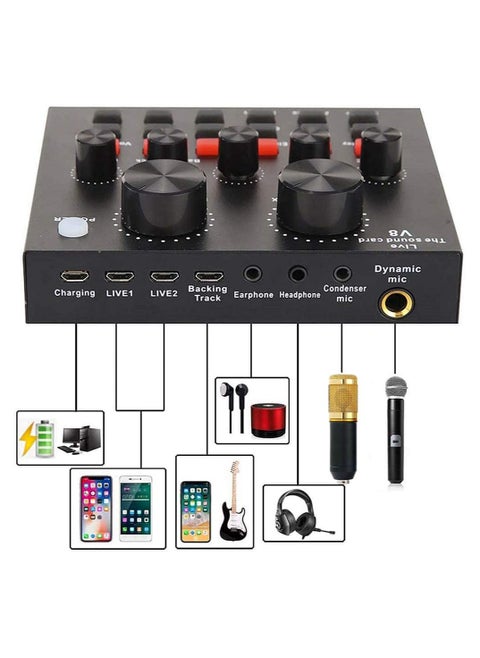 V8 Live Sound Audio Mixer USB External Sound Card Headset Microphone For Double Cell Phone Live Computer And PC Live Recording